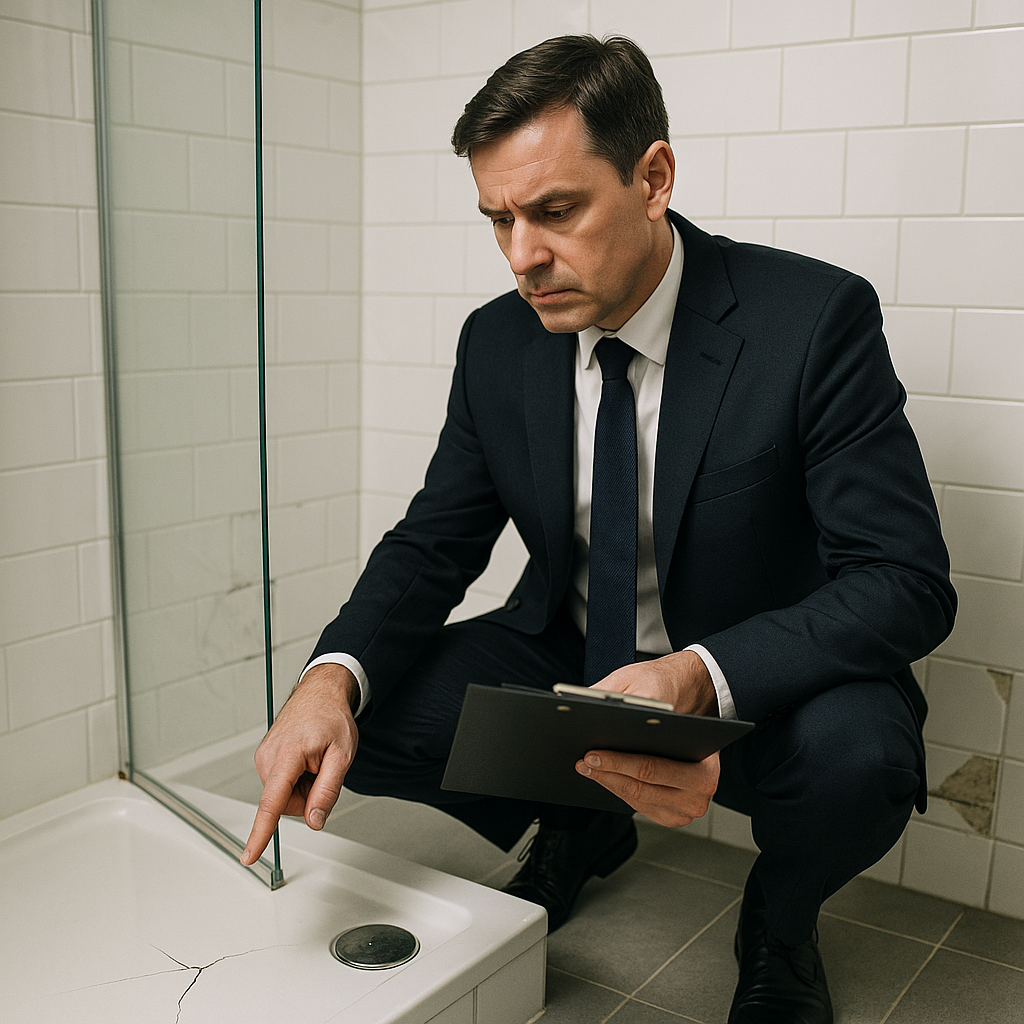 A professional lawyer in a modern bathroom with visible minor damage. The lawyer is wearing a dark suit, holding a clipboard and inspecting a cracked shower tray, displaced glass shower screen, and broken tiles. The setting is well-lit with white tiles, and the atmosphere is serious and focused. The lawyer is evaluating the damage with a professional demeanor. Realistic photo, shallow depth of field, editorial style, 4K resolution.